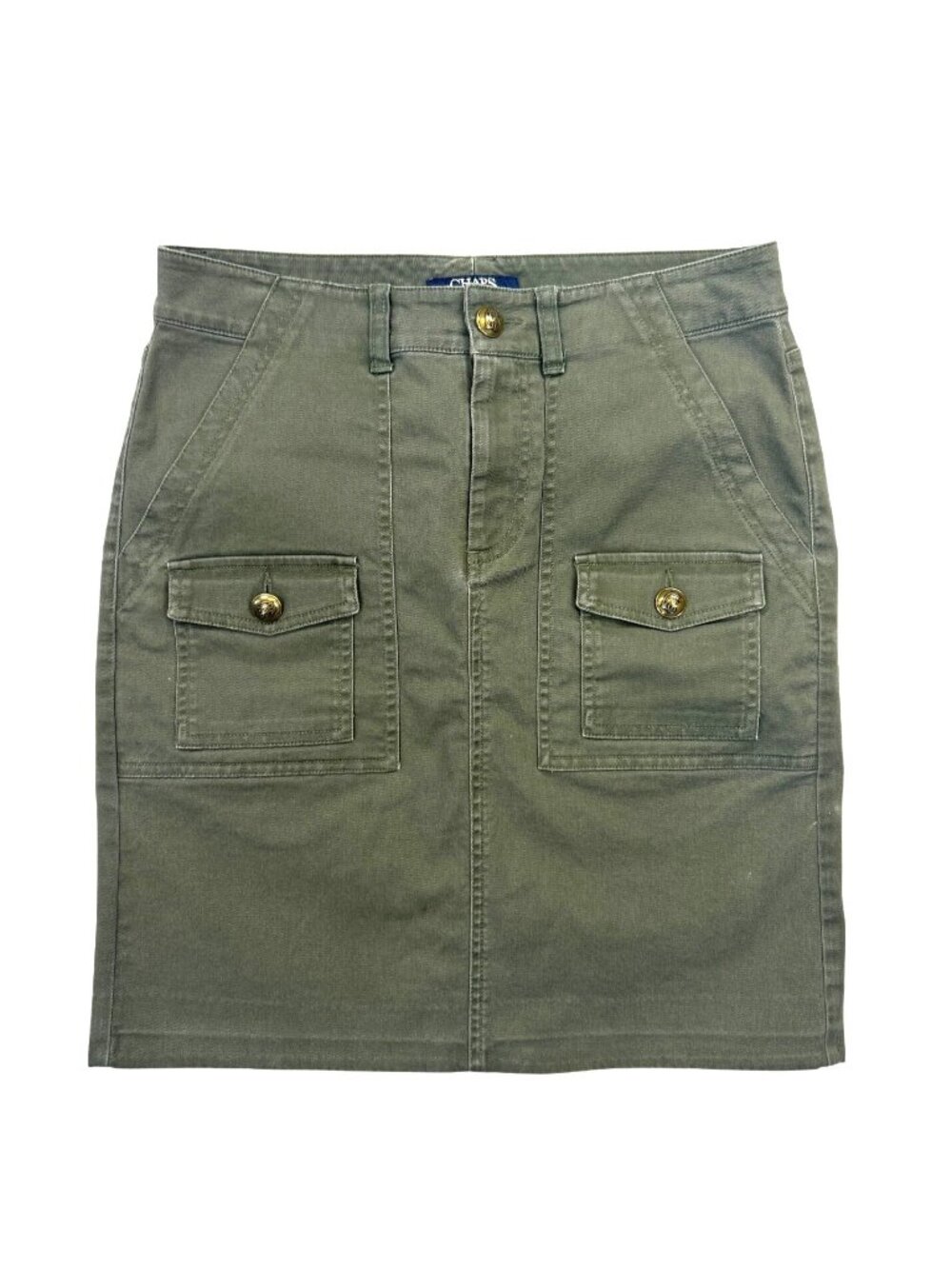 Chaps Army Green Cargo Mini Skirt Size 6 Preppy Academia Brass Buttons Pockets